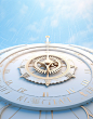 White paper with a clock, in the style of light sky-blue, mathematical intricacy, perspective rendering, mythological imagery, happenings, celestial, historical illustrations