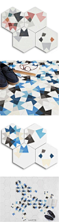 西班牙工作室 MUT 设计了一款名为 Keidos 的瓷砖，铺在地上的效果，就像从万花筒看到的迷幻世界一样。这些六边形瓷砖上印有不规则的花色，有的布满重叠的几何形状色块，有的上面只有三四片颜色，全靠自己搭配拼装。