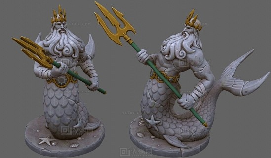 海王，海神雕塑，波塞冬石雕像，鱼人，鱼妖怪物3d模型 - 雕塑模型 蛮蜗网