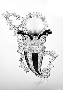 梵克雅宝星座套装之巨蟹胸针，选用澳大利亚养殖珍珠来描绘以月亮为守护星的巨蟹座，在白金、钻石、缟玛瑙的衬托下，柔润的珍珠如星光般温柔细腻。顶部精致的丰饶之角，令人不由联想起巨蟹座沉迷梦想、创意十足、多愁善感的特质。@北坤人素材