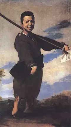 里贝拉 《畸形脚的乞丐》又名《跛足孩子》油画  藏巴黎卢浮宫
自16世纪以来西班牙的都市和乡村到处可见流浪汉和乞丐，他们常成为现实主义艺术作品中的主人。 这位跛足少年是位小流浪儿，他独自在旷野里艰难地行走。画家取他转身的姿态，露出孤独无援、令人心酸的凄楚傻笑。他虽然身体残疾，可他心地纯朴，对生活仍然充满着美好的向往，让人同情怜爱。他扛着一根棍，手里拿的纸条上写着“看在上帝的份上，可怜可怜我吧！”这是一颗善良的心在向社会发出呼救，一切有良知的人是不会无动于衷的。这是现实主义艺术的魅力和它深刻的社会意义。
 