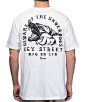 Add a little bite to your wardrobe with the Underdogs white t-shirt from Key Street that has a black graphic of a snarling German Sheppard printed at the left chest and larger on the back with text "Beware Of The Underdogs."