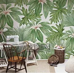 手绘现代简清新树叶子绿植热带雨林壁画客厅卧室店铺墙纸电视壁纸-淘宝网