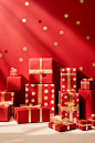 Gifts with red boxes and gold foil on a shelf, in the style of scattered composition, luminous hues, monochromatic abstractions, polka dot madness, light red, tabletop photography, stripes and shapes