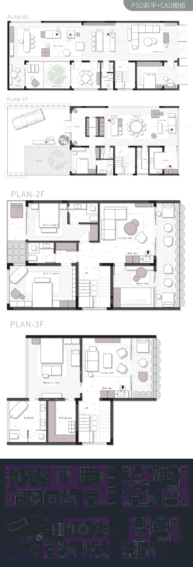 600㎡自建房方案CAD+PS彩平图