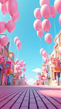 cartoon architecture, street, Valentine's Day, Pink Atmosphere，roses，dreamy， Love balloons ，float in the blue sky, in the style of artifacts of online culture, cute and colorful, dreamy, high detail, hyper quality, Bright color, fine luster, C4D, oc rende