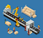 Electronics factory isometric composition with engineer monitoring robotic conveyor and workers stacking production into boxes vec