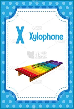 有字母X的木琴字母抽认卡