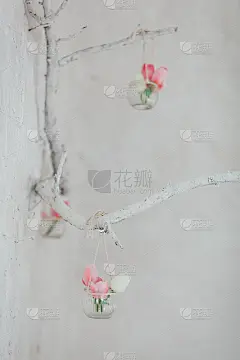 花瓶里的郁金香挂在用白砖砌成的墙上的装饰性树枝上