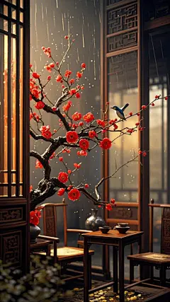 中国风室内有一束血红色的梅花的高清壁纸