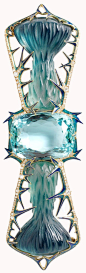 Lalique - 1905 signed 'Thistles' corsage ornament: glass/ gold/ diamonds - centered on a cushion cut aquamarine.