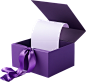 On a light purple background, an opened square gift box with dark warm eggplant purple wrapping paper and eggplant purple ribbon, a large pure white blank long paper sticking out of the box, the interior of the box is white, in a product photography envir