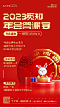 红色C4D2023兔年时钟企业年会邀请函手机文案UI海报2023年会设计模板
