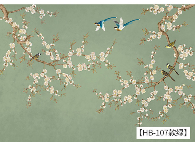 中式复古手绘花鸟沙发背景墙纸 客厅卧室电...