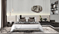 This may contain: a modern bedroom with white and black decor on the walls, carpeted flooring and bedding