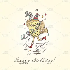 有趣的鸟。五颜六色的生日贺卡。生日快乐。