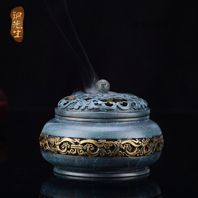 铜先生莲花钮盘香炉纯铜香薰炉摆件创意香炉...