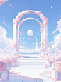 pink and white roses flower wallpapers, in the style of minimalist stage designs, romantic ruins, miwa komatsu, kawacy, sky-blue and white, vibrant stage backdrops, grandeur of scale