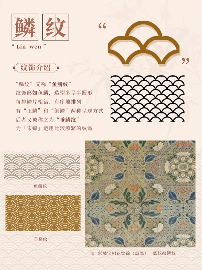 【鳞纹】 “鳞纹”又称“鱼鳞纹”，纹饰形如鱼鳞，造型多呈半圆形，每排鳞片相错、有序地排列，有“正鳞”和“倒鳞”两种呈现方式，后者又被称之为“垂 ...