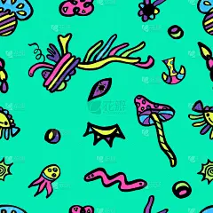 抽象的无缝图案与奇异的海洋动物和几何图形。手工绘制的精神的无缝模式的卡片，邀请，壁纸，图案填充，纺织