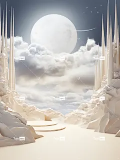 极简主义舞台设计，雪景，淡金色，白云，环境遮挡，月亮，树木，