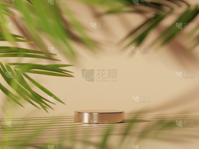 3D讲台，热带基座在米色背景与绿色天然棕...