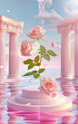 three rose stands above the water in a pink background, in the style of daz3d, neoclassical compositions, vibrant stage backdrops, romantic ruins, ceramic, kawaii aesthetic, concert poster