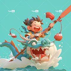 男孩骑龙舟，8k 3d风格，详细的人物设计，俏皮的人物设计，