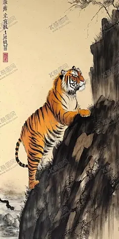 虎踞山崖 【酷图网】水墨画,国画,中国画,老虎,山崖,山涧,高清,壁纸,