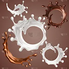 一套真实的飞溅和滴牛奶和融化的巧克力。动态圆飞溅的漩涡液体巧克力, 奶制品, 咖啡, 可可粉。包装设