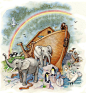 挪亚方舟This may contain: an elephant, giraffes and other animals are standing in front of a boat