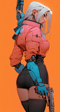femme, purple leaves background, cyberpunk akira style clothes, anime young blue hair Margot Robbie wearing armor holding a colorful submachine gun, beautiful orange, wearing black mini skirt, contrast, long render, pink, blue and white, simple background