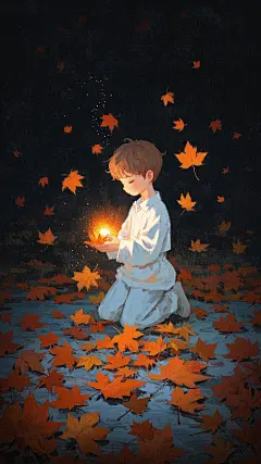 壁纸|枫叶少年
提示词：极简，萌，可爱，童话，虚实结合，清新淡雅，治愈配色，色彩冷暖对比强烈，强调梦幻温暖的氛围感，微光，非传统构图方式，动态模糊，自序，艺术，高级的氛围感，颗粒感+肌理感+朦胧感+手绘，被风卷起来的枫叶，地上是一堆枫叶，小男孩跪在枫叶堆旁，手里捧着一团橙色的光，闭眼，虔诚。位于画面右下角，深邃的黑色背景，极简。比例 9:16。