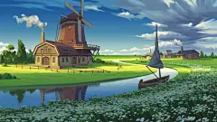 风景 绘画 手绘 风车 小河流 鲜花 房子 天空 电脑壁纸