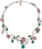 Dior Precieuses Rose Necklace one-of-a-kind rose necklace dripping with over 32 carats of diamonds, 11.5-carats of rubies and almost 377 emeralds, the largest weighing in at 7.81-carats. Via AM.