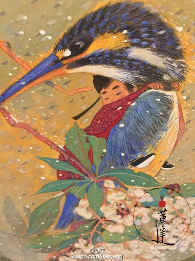 《初雪·小仙·翠鸟》材料：岩绘具中的群青...