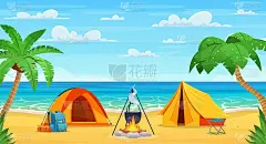 海滩上的夏日时光。棕榈树和周围的植物