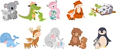 卡通动物矢量 | 图源免费EPS文件 |Cute mother and baby animals together. Mommy elephants, koala and bear. Funny cubs hug mothers, cartoon wild animal parents nowaday vector fauna characters
