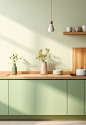 Green kitchen with simple furniture in neutral tones in the style of colour, soft light, minimalist still life, realistic rendering, glowing pastels, wood, style in pastel tones, ultra hd images, minimalist still life, wood , Luminous pastels, environment