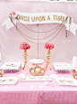 Pink and Gold Baby Shower - Project Nursery : A pink and gold baby shower with a princess theme featuring hand-made paper flowers & white trees on the sides.