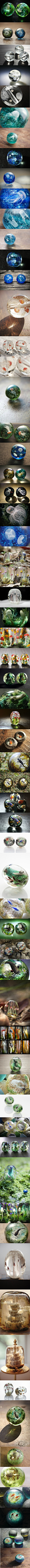 日本彩元堂制作的微型琉璃珠，两三厘米的圆珠宛如一个神奇的自然世界，各种逼真迷人的水母菌，蘑菇菌，以及神秘海底之下的各类生物。琉璃珠都有穿孔，每一枚都精美诡谲。