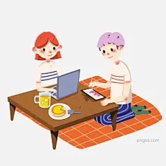 假期情侣和美食插画图片大小2000x2000px 图片尺寸1.67 MB 来自PNG搜索网 pngss.com 免费免扣png素材下载！黄色的鸡蛋#黄色的饮料#黄色的桌子#灰色的笔记本#卡通人物#卡通手绘#