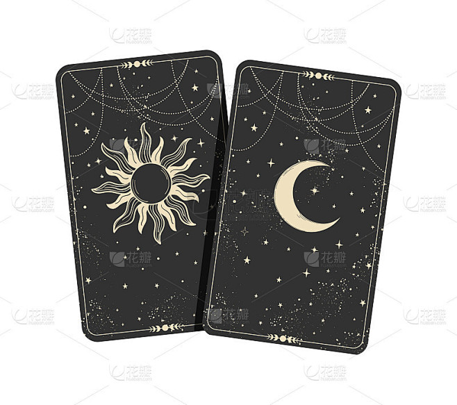 两张月亮和星星的塔罗牌，波西米亚插画，纹...