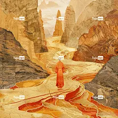 一条通往远方的山路，铺着金色，中间站着一个身穿红色服的男子。