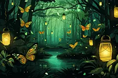 盛夏神秘热带密林仙境的插画