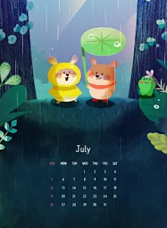 七月雨季卡通动物彩色手绘日历插画