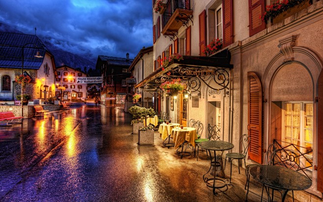 瑞士採爾馬特夜晚的街道和燈 壁紙 - 2...