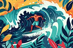 扁平风冲浪海浪夏天插画