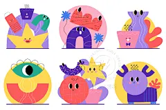 卡通创意趣味多巴胺儿童几何图形小怪兽图案插画海报ai设计素材-淘宝网