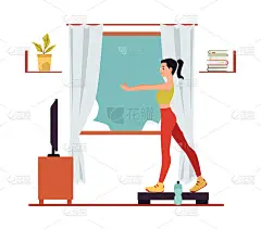 家庭健身和健身旗帜与年轻女子锻炼踏板平台，平面矢量插图。